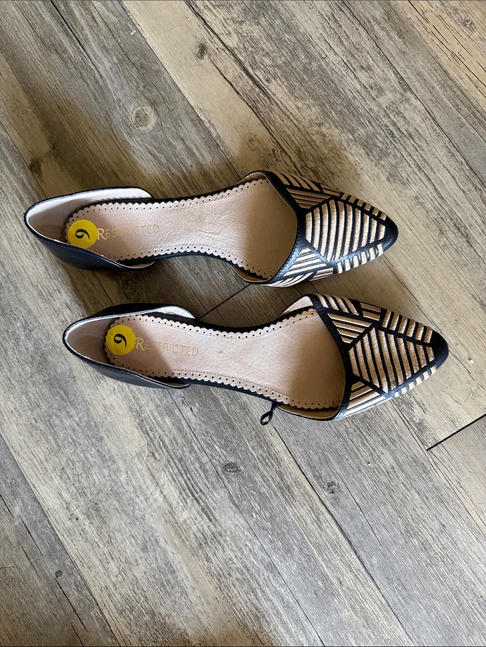 Restricted Black and Gold Pointed D'Orsay Flats with Geometric Metallic Detail